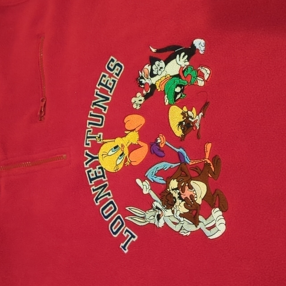 2000's Y2K Looney Tunes Vintage Warner Bros Studio Store Qtr Zip Fleece Red - Picture 4 of 13
